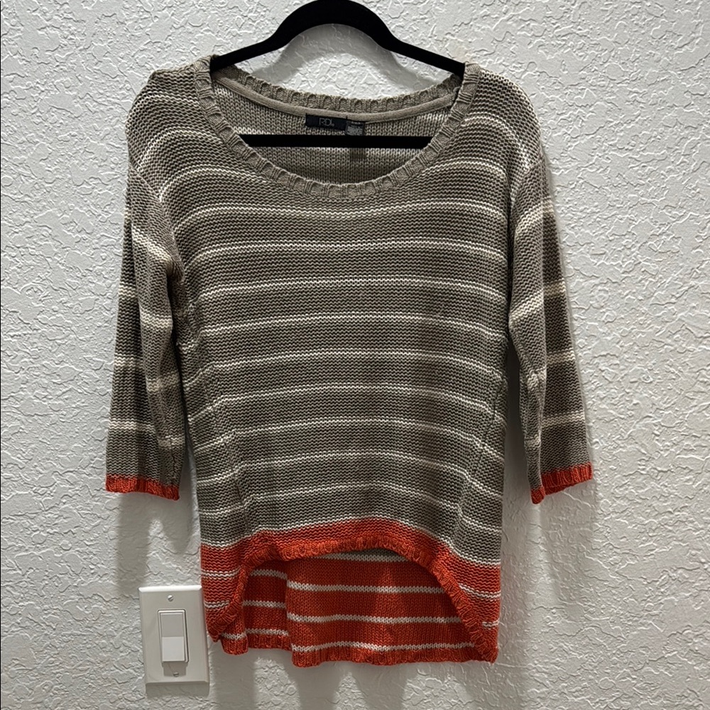RDI Nordstrom Knit High low Stripped 3/4 sleeve Sweater Small